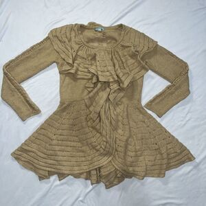 ANTHROPOLOGIE LEIFNOTES TAN RIDGED RUFFLES CASCADING SNAP CARDIGAN SWEATER M